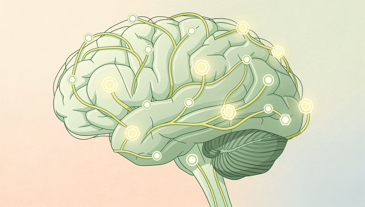Illustration of a brain with connected nodes on a gradient background
