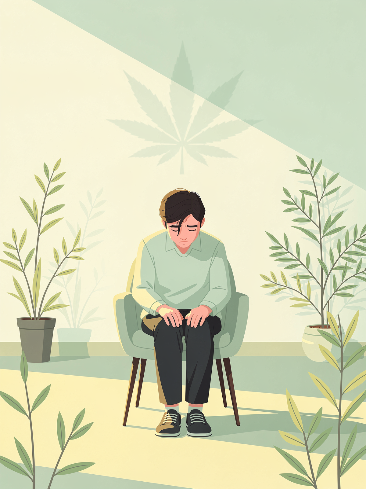 Illustration of a person sitting in a chair surrounded by plants
